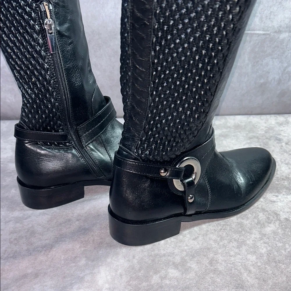 Ron White EUC Women Black Leather Knee-High Boots Sz EU 36 Quilted Cushioned